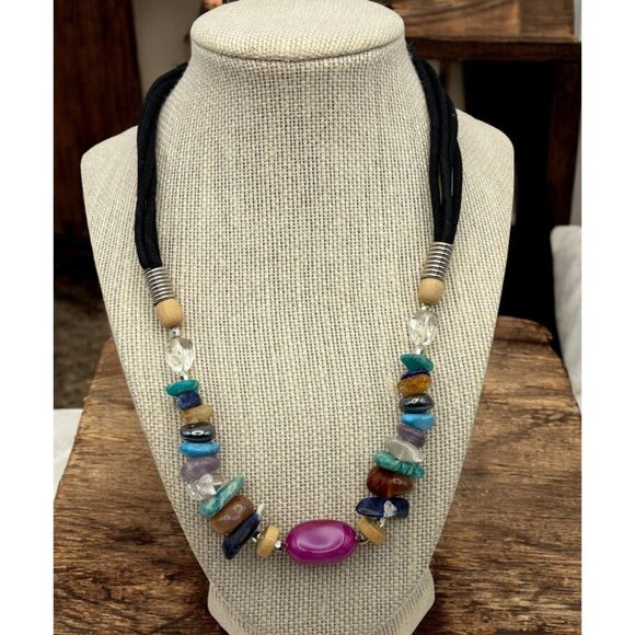 Vibrant Faux Stone Beaded Necklace with Black Cord & Silver Accents Boho Rainbow - Picture 1 of 7